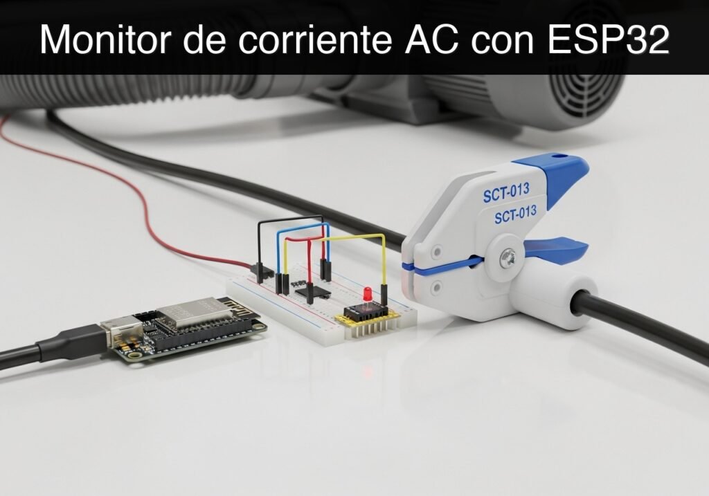 Caso práctico: Monitor de corriente AC con ESP32 — ESP32 con pinza SCT-013 y cable de extractor de polvo