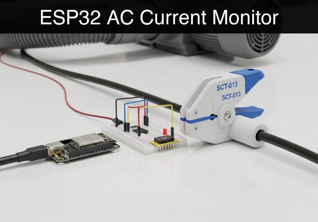 Practical case: ESP32 AC Current Monitor — ESP32 with SCT-013 current clamp and dust collector cable