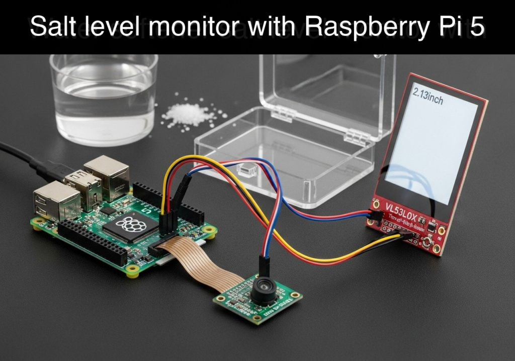 Raspberry Pi 5 setup with a small 2.13-inch display and salt level sensor connected by ribbon cable, monitoring salt levels.