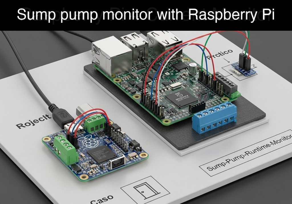 Raspberry Pi and microcontroller boards wired to a blue terminal block on a white base labeled 'Sump pump monitor'—a sump-pump runtime monitor project.